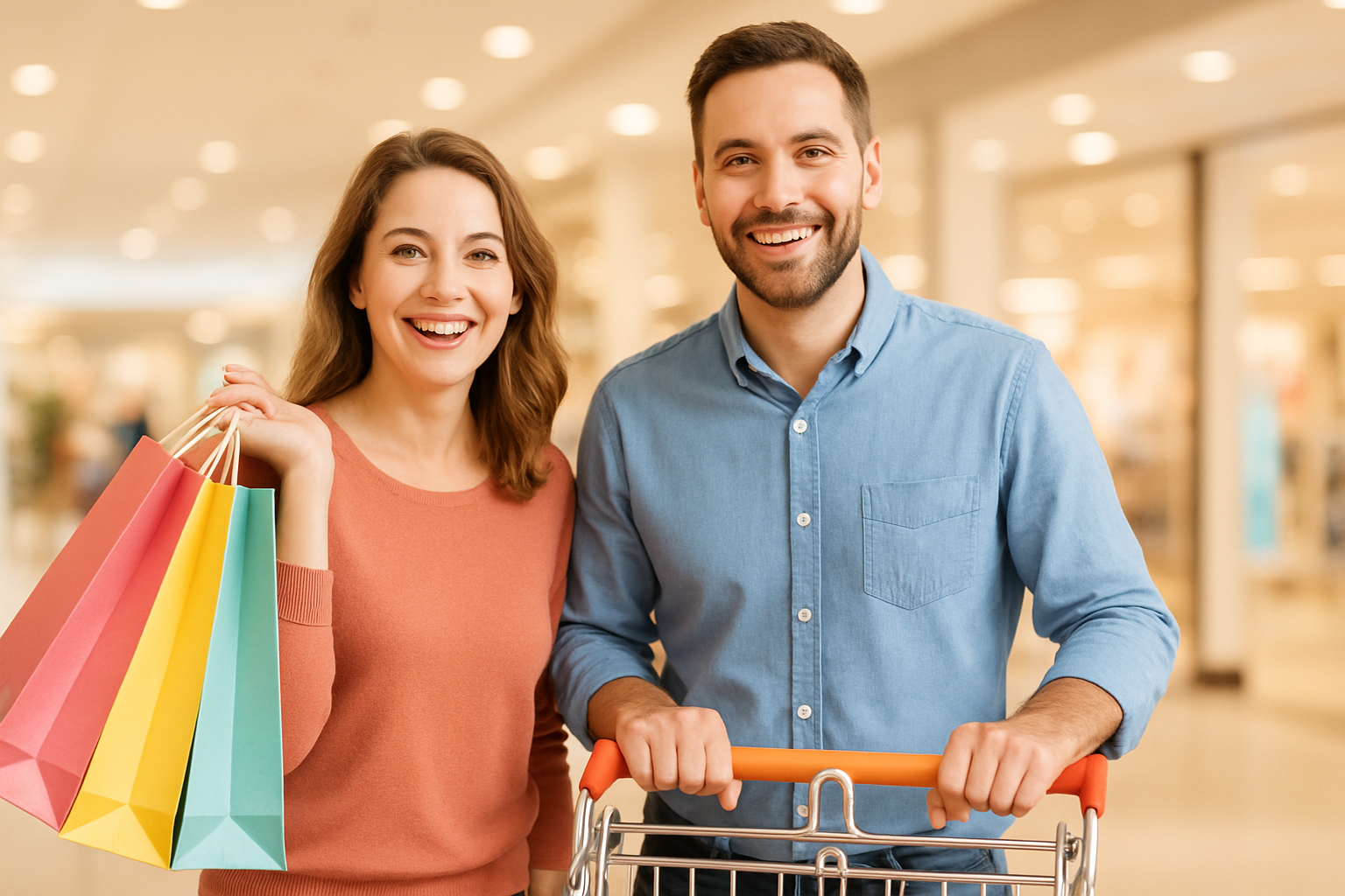 A men and lady with a shopping bag and trolley standing in the image with a good light background